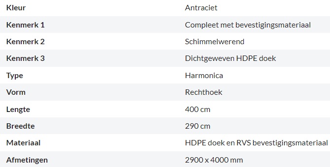 Zonnedoek Harmonica Antraciet Rechthoek 2,9x4m - 285gr/m2 - Kenmerken schaduwdoek harmonica rechthoek antraciet 2 9x4m - Zonnedoek Harmonica Antraciet 2,9x4m