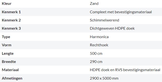 Zonnedoek Harmonica Zand Rechthoek 2,9x5m - 285gr/m2 - Kenmerken schaduwdoek harmonica rechthoek zand 2 9x5m - Zonnedoek Harmonica Zand 2,9x5m