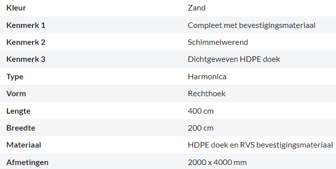 Zonnedoek Harmonica Zand Rechthoek 2x4m - 285gr/m2 - Kenmerken schaduwdoek harmonica rechthoek zand 2x4m - Zonnedoek Harmonica Zand 2x4m