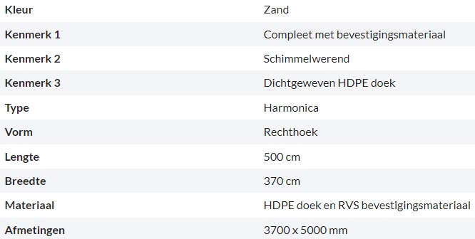 Zonnedoek Harmonica Zand Rechthoek 3,7x5m - 285gr/m2 - Kenmerken schaduwdoek harmonica rechthoek zand 3 7x5m - Zonnedoek Harmonica Zand 3,7x5m